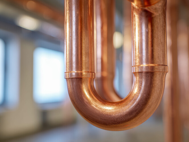 Brightly illuminated copper pipe with intricate bends and seamless joints, showcasing robust plumbing systems designed for efficiency in a commercial space.