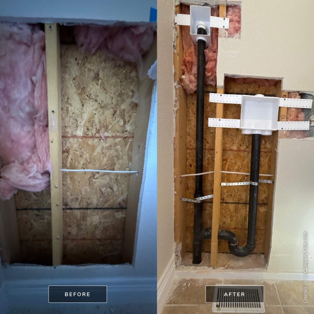 Before and after of laundry room plumbing installation